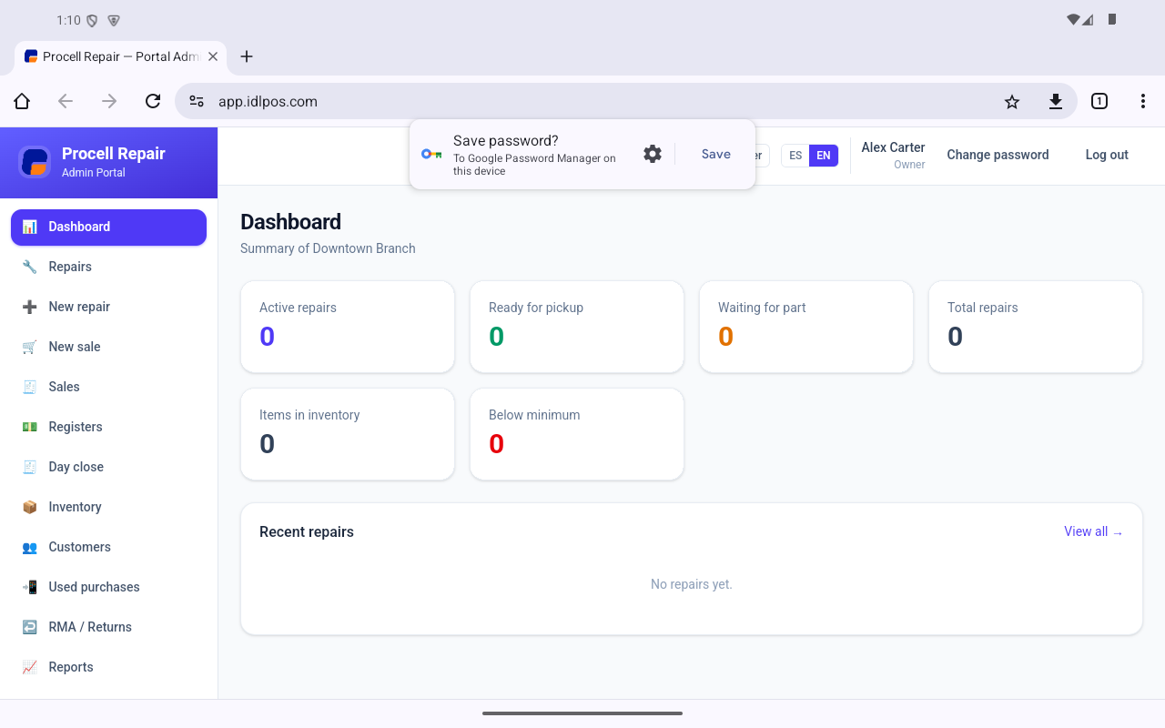 Procell Repair web management portal