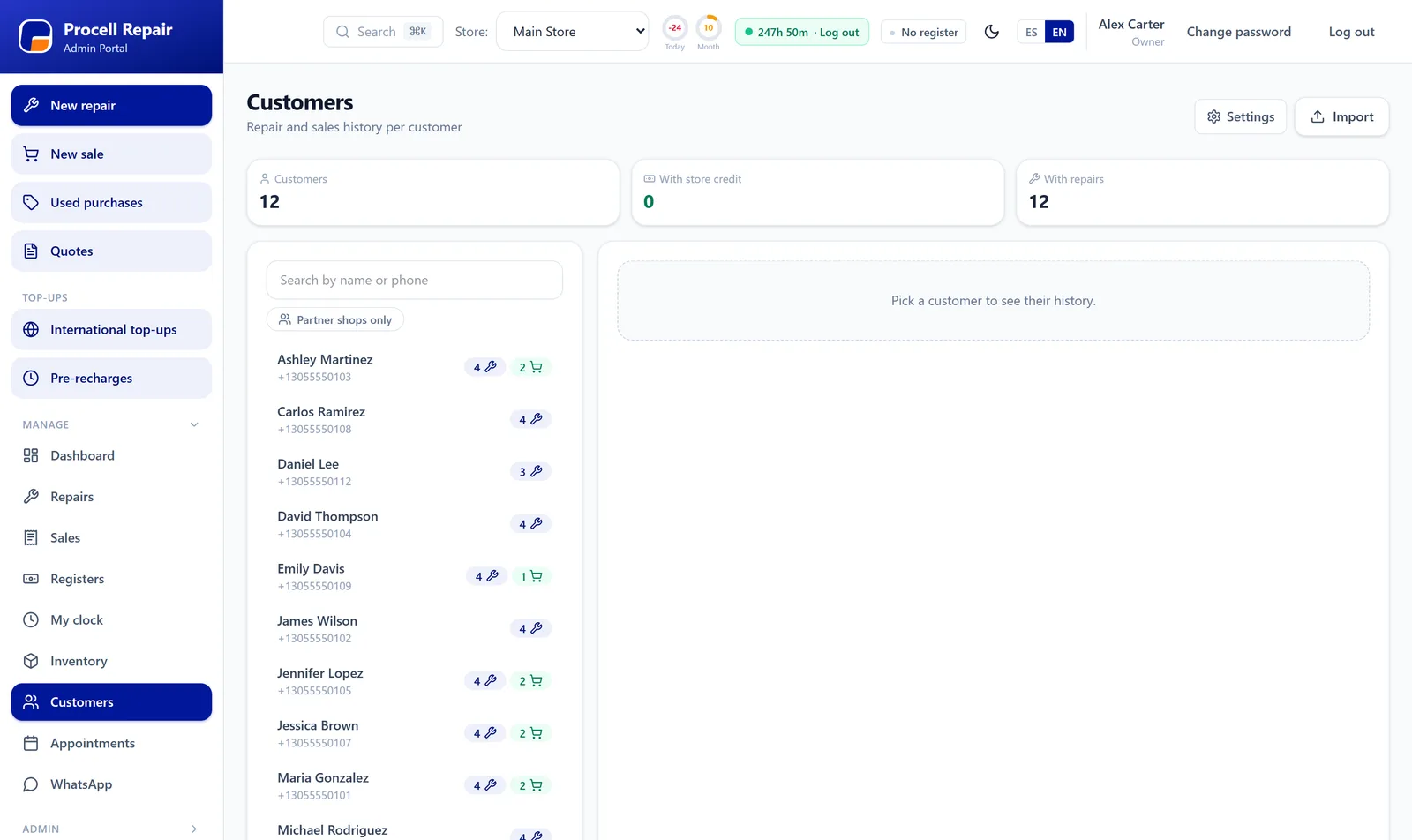 Customers — full repair and sales history