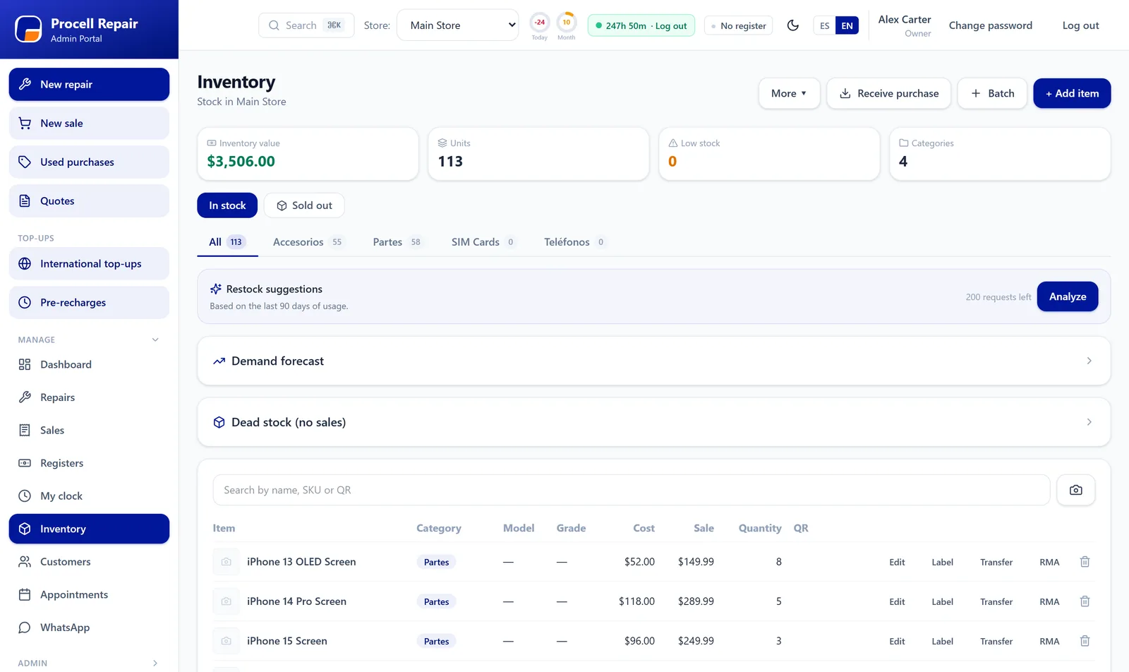 Inventory — live stock, cost and value