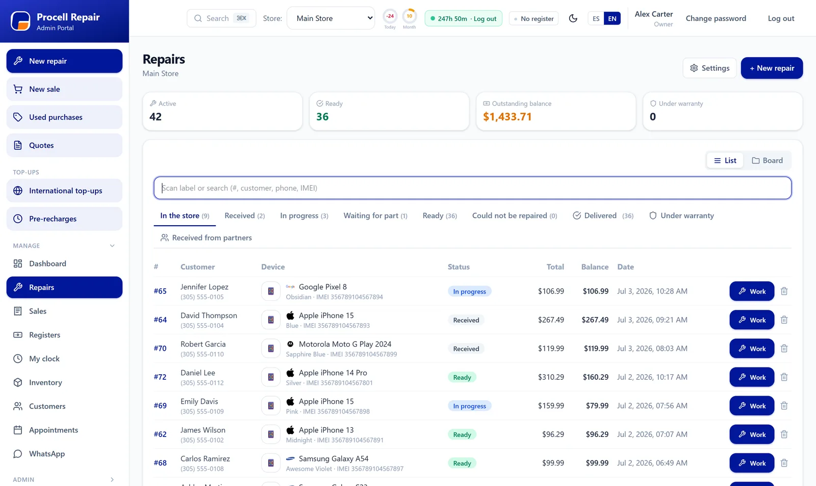 Repairs board — every ticket, status and balance